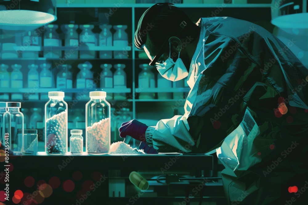 Poster a man in a lab coat working on a project. suitable for science and research concepts