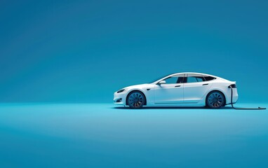 White electric sedan with charging cable, sleek design on a blue background.