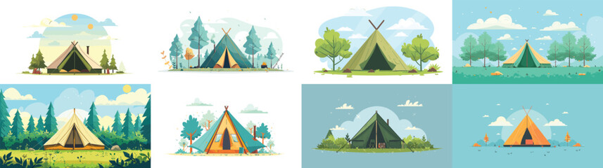 Digital art series for travel and camping publications, Vibrant illustrations of various camping tents in picturesque settings.