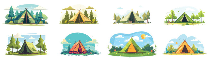 Digital art series for travel and camping publications, Vibrant illustrations of various camping tents in picturesque settings.