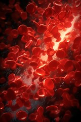 Close-up red blood cells flowing in vein, detailed texture, soft red glow
