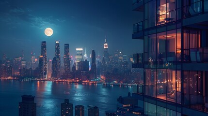 HD wallpaper of a luxury skyscraper at night, illuminated against the city skyline, showcasing...