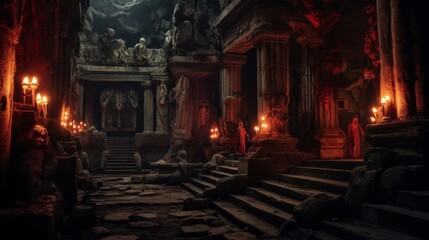 Obraz premium temple dedicated to Hades god of underworld with eerie torchlight and mosaics