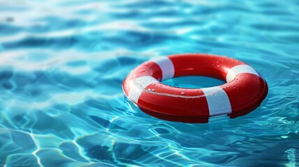 A red and white life preserver floating on the surface of a clear blue pool of water.