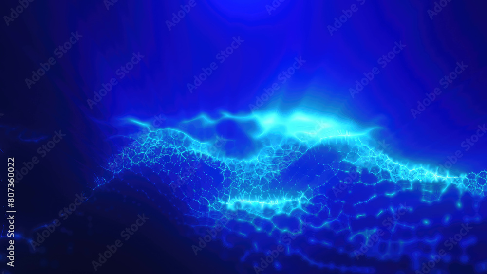 Poster blue energy magic digital high tech waves with light rays lines and energy particles. abstract backg
