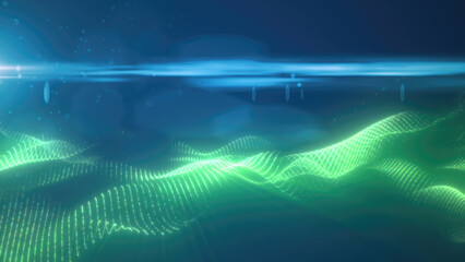 Green energy futuristic waves with light rays and energy particles. Abstract background