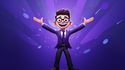 Illustration of a delighted mini businessman, purple background, glowing