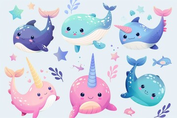 Cute narwhalus in various colors, perfect for children's illustrations
