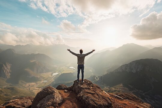 Person with arms wide open on mountain top, cloudy skies, freedom concept