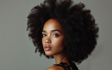 Woman with voluminous curly afro hair in a sleek dress, posing elegantly.
