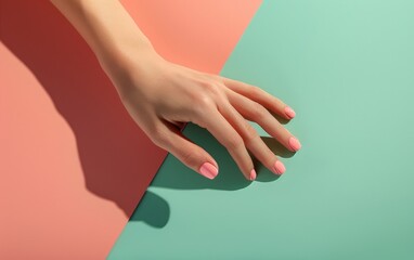 Woman's hands with pastel pink nails on a dual-tone background.
