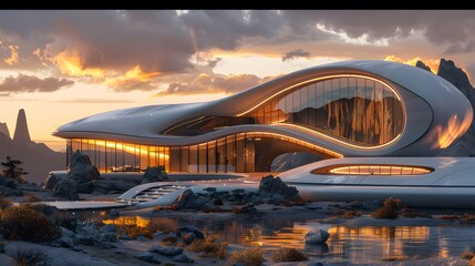 HD wallpaper of a modern architectural masterpiece with unique structural elements, set in a...