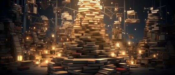 Whimsical scene of a towering stack of books, illustrating the magic of reading and literature