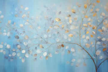Whimsical tree, pastel hanging leaves, ethereal light blue background, soft lighting