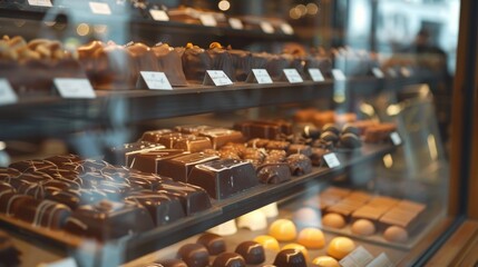 A showcase full of a variety of handmade chocolates. Chocolate in the window of a cozy confectionery coffee shop