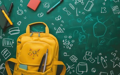 Yellow backpack with school supplies and doodles on a green background.