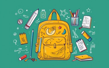 Yellow backpack with school supplies and doodles on a green background.