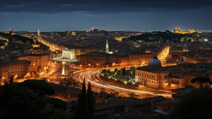 Night view of Roman cityscape with torch-lit streets