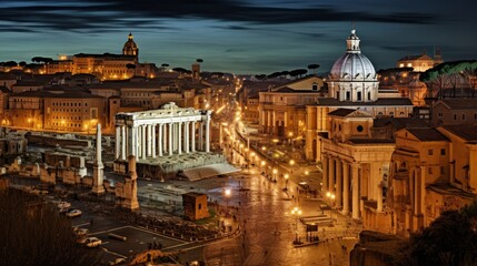 Fototapeta premium Roman cityscape glows at night with torch-lit streets