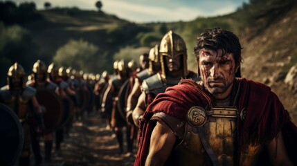 Naklejka premium Centurion leads disciplined soldiers in Roman march