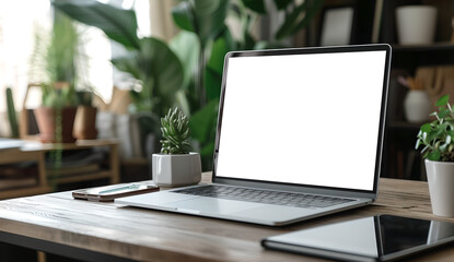 empty White screen laptop on desktop with phone and tablet, mockup,  copy space , modern workspace, digital devices, tech savvy environment, clean and organized, plants in background - Powered by Adobe