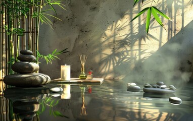 Zen spa setting with stacked stones, bamboo, oil, and candle.