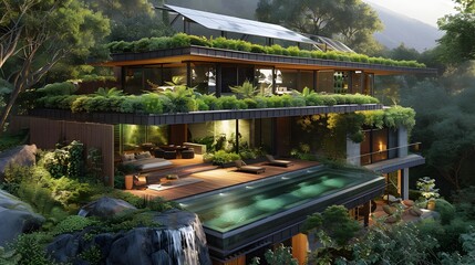 HD wallpaper of an eco-friendly modern home with green roofs, solar panels, and natural materials, nestled in a serene landscape.