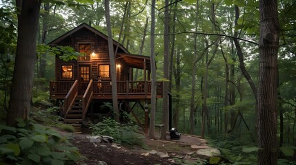 Rustic Cabin in the Woods with Porch and Serene Forest Surroundings