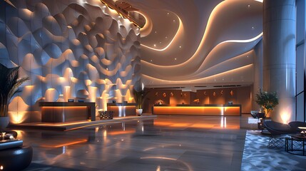 HD wallpaper of an ultra-modern hotel lobby with dynamic lighting, artistic furniture, and a luxurious ambiance