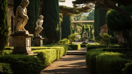 Roman countryside villa's garden lush greenery sculptures peaceful pathways