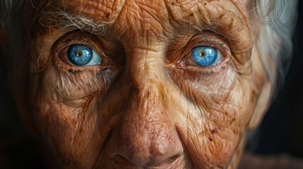 portrait photography, a powerful depiction of an old individual with piercing blue eyes, conveying the depth of experience and narratives engraved on their features