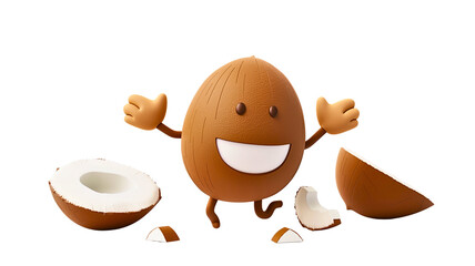 A funny cartoon illustration of a brown cocnut in its wooden nest