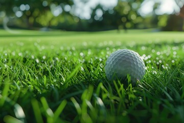 A golf ball resting on a lush green field. Perfect for sports and leisure concepts