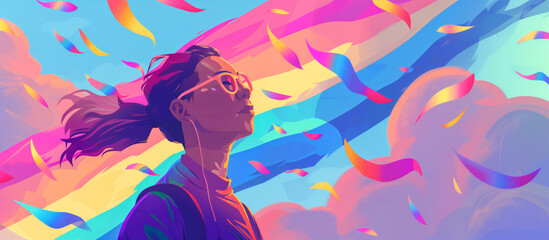 Portrait of a young woman in a stylized, bright, colorful environment against an LGBT style sky background. The illustration expresses the feeling of freedom, relaxation and happiness