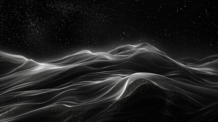 A black and white image of a mountain range with a starry sky in the background