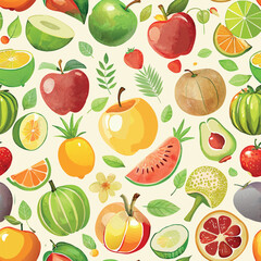 Watercolor fruit and vegetables set, Juicy and colorful fruit on white background