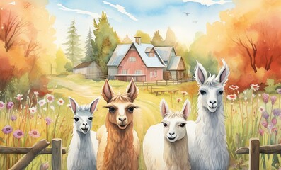 Obraz premium Watercolor illustration of four llamas in a field with village landscape in the background