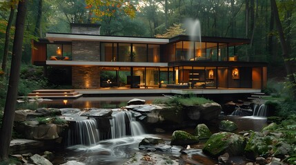 HD wallpaper showcasing an innovative house built over a natural stream, with floor-to-ceiling...
