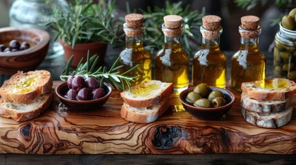 Fototapeta na wymiar gourmet olive oil tasting, a selection of olive oil tasting on a rustic board with olives, bread, and mini bottles, offers a delightful way to enjoy the diverse tastes of this versatile ingredient