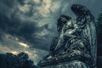 A serene angel statue perched on a grave. Perfect for memorial designs