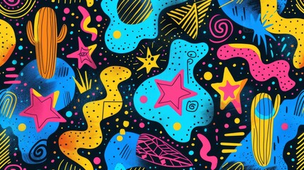 A set of fun, creative illustrations is created with doodles, scribbles, stars, and geometric shapes in vibrant colors. They are perfect for kids, fabrics, prints, and covers.