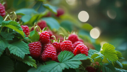 Ripe raspberries. Raspberry branch close-up. SAI generated