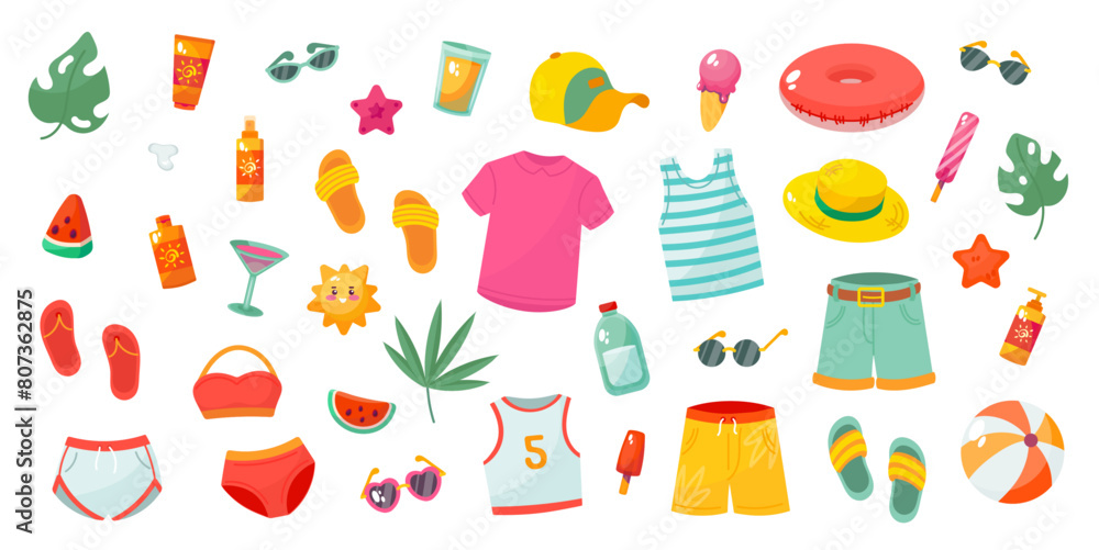 Wall mural set of summer vacation items isolated on white background. vector illustration.