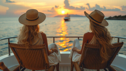 Two beautiful girls in hats sitting deck yacht sunset, luxury summer vacation. And smiling, beauty ocean, sun, and carefree leisure. Happiness in sea water, holiday.