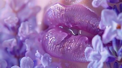 Glossy lavender lip gloss contrasting elegantly with a backdrop of lilac tones