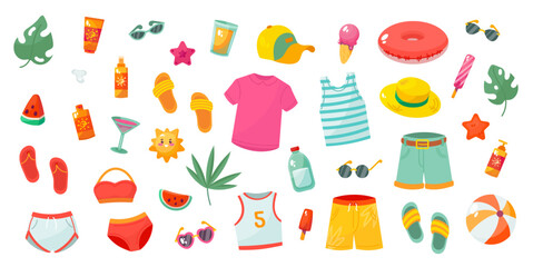 Set of summer vacation items isolated on white background. Vector illustration.