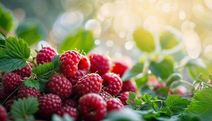 Ripe raspberries. Close-up of raspberry branch. Selective focus. AI generated