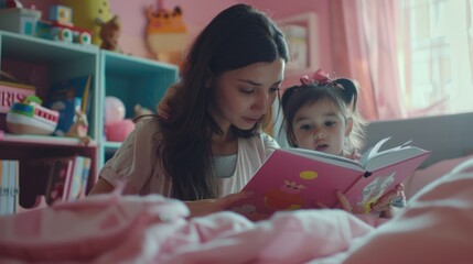 A woman reading a book to a little girl. Suitable for educational and storytelling concepts