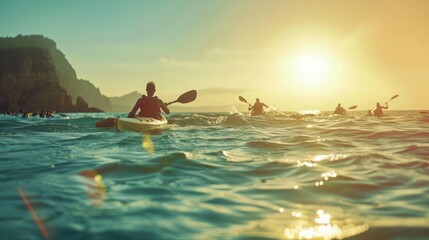 A group of individuals are kayaking on top of a body of water, enjoying the outdoor activity under the clear skies.
