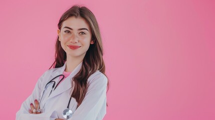 Portrait a happy smiling beautiful young female doctor on the pink background. Generated AI image